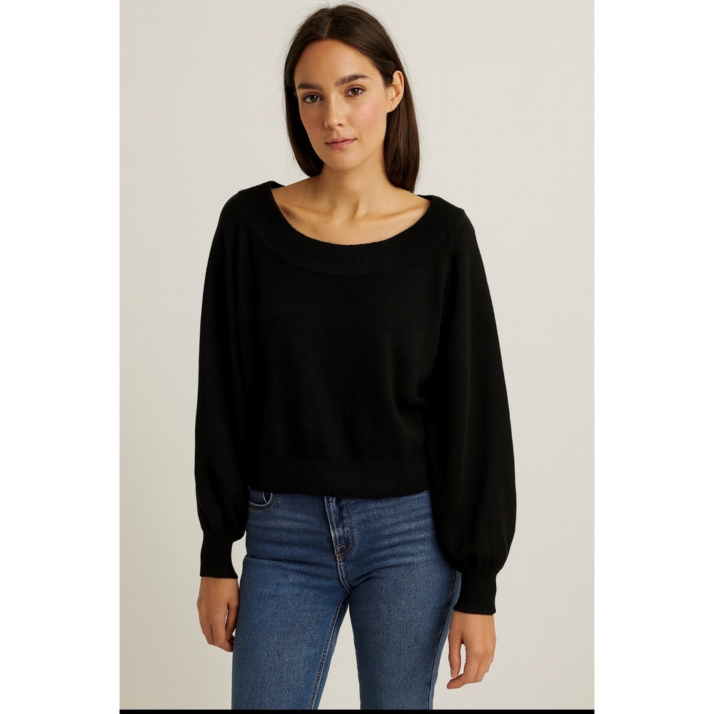 Treasure & Bond Black Boat Neck Balloon‎ Sleeve Sweater Knit Top Women's L